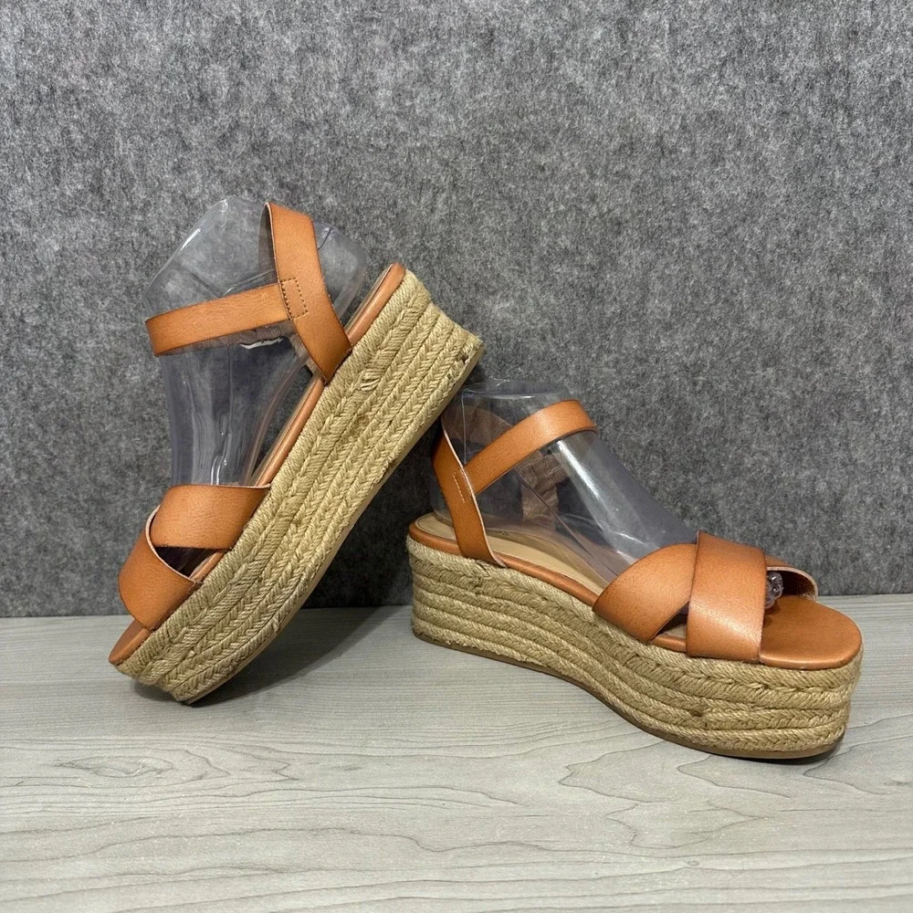 EXPRESS Women Tan‎ Leather Espadrille Platform Wedge Sandals Size 9